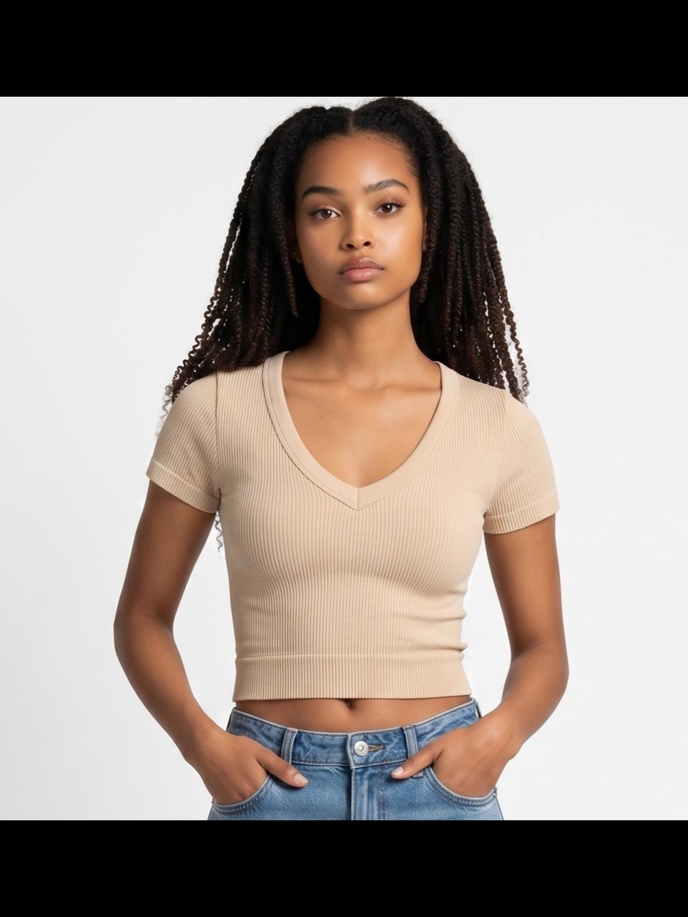 ZENANA Ribbed V-Neck Crop Top‎ - Beige